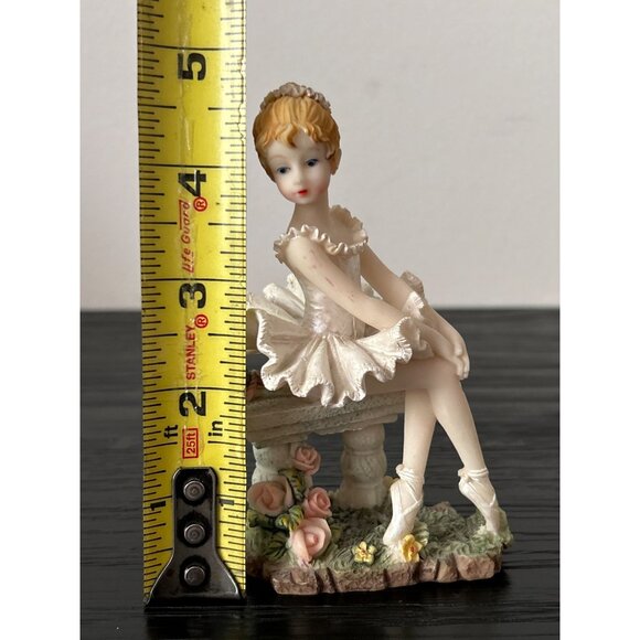 Resin Ballerina Figurine Sitting on Bench Adorned w/Flowers White Tutu Slippers - Picture 8 of 8